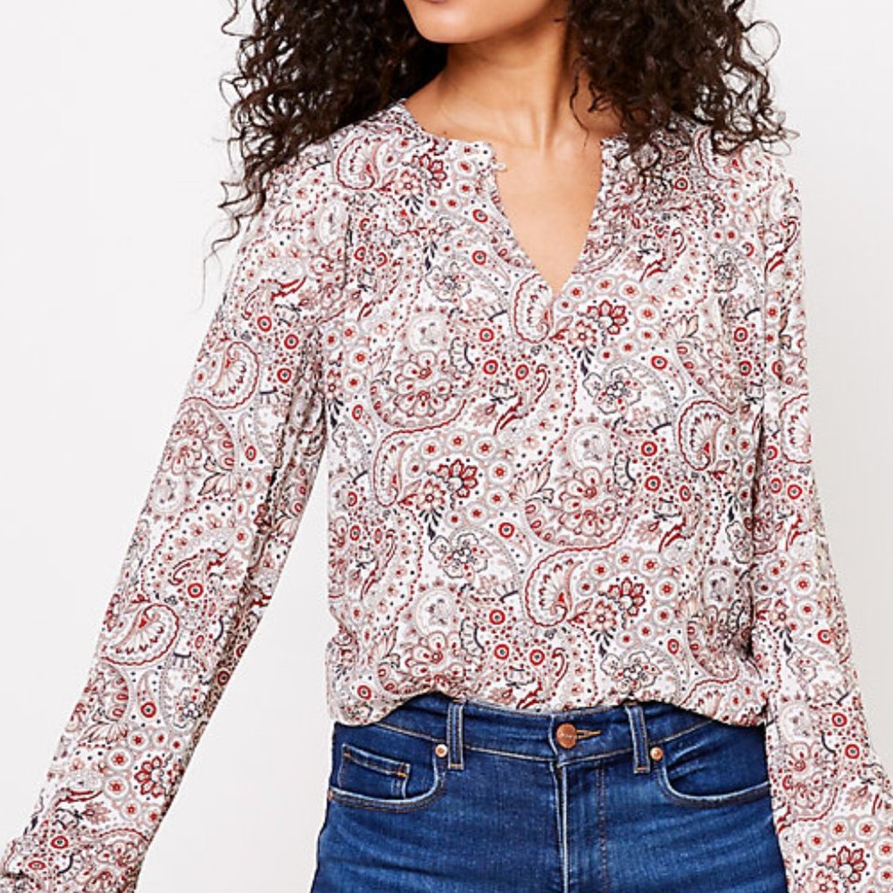 LOFT | Paisley Split Neck Mixed Media Top - Picture 1 of 3